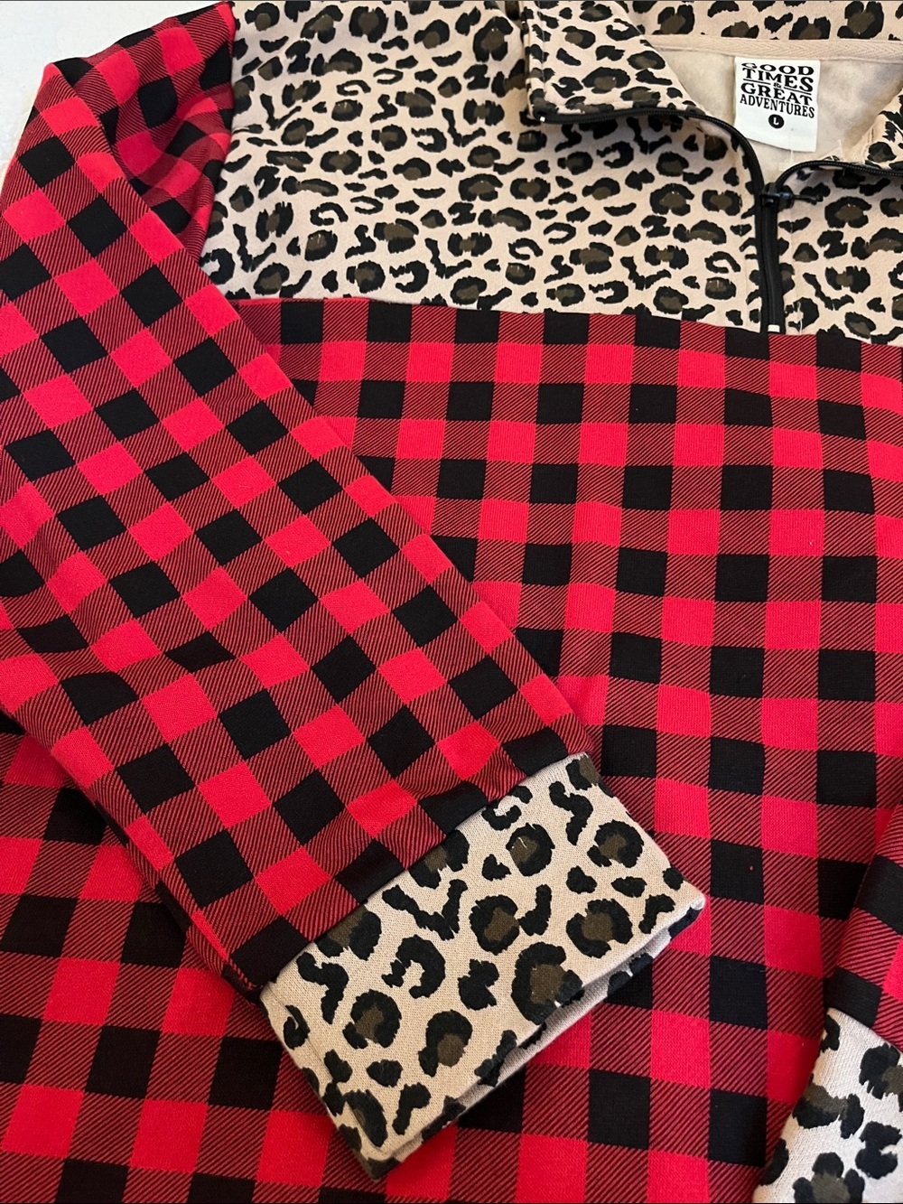 Women’s Red Buffalo Plaid Pullover with Leopard Trim L, NWOT - Picture 3 of 10